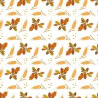 patrón otoñal sin fisuras con bellotas, hojas de roble y espigas de trigo sobre fondo blanco. estampado de cosecha de otoño brillante para textiles y diseño. ilustración plana vectorial