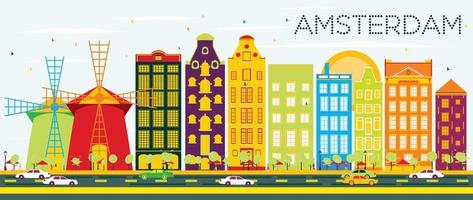 Abstract Amsterdam Skyline with Color Buildings and Blue Sky. vector