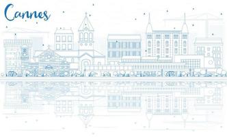 Outline Cannes Skyline with Blue Buildings and Reflections. vector