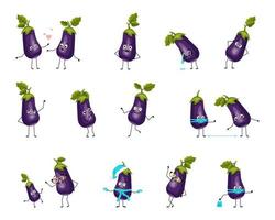 Eggplant character with happy or sad emotions, panic, loving or brave face, hands and legs. Cheerful vegetable, person with mask, glasses or hat. Vector flat illustration