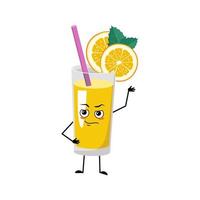 Orange smoothie with fruit and straw character  with emotions of hero, brave face, arms and leg. Healthy drink in glass with courage expression and pose. Vector flat illustration