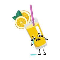 Orange smoothie with fruit and straw character  with crying and tears emotion, sad face, depressive eyes, arms and legs. Healthy drink in glass melancholy expression and pose. Vector flat illustration