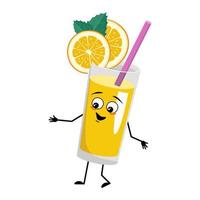 Orange smoothie with fruit and straw character  with joyful emotions, happy face, smile eyes, arms and legs. Healthy vitamin drink in glass funny facial expression and pose. Vector flat illustration