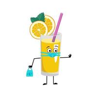 batido de naranja con carácter de fruta y paja en máscara médica y mantener la distancia, manos con bolsa de compras y gesto de parada. bebida saludable en expresión y pose de cuidado de vidrio. ilustración plana vectorial vector