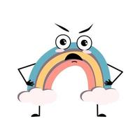 Cute rainbow character with angry emotions, grumpy face, furious eyes, arms and legs. Person with irritated expression and pose. Vector flat illustration