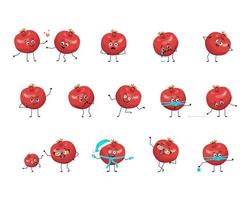 Pomegranate character with happy or sad emotions, panic, loving or brave face, hands and legs. Cheerful red exotic fruit, tropical person with mask, glasses or hat. Vector flat illustration