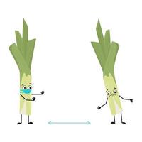 Cute green leek character with face in medical mask keep distance, arms and legs. Healthy vegetable with care expression and posture, rich in vitamins. Vector flat illustration