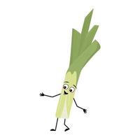 Cute green leek character with joyful emotions, happy face, smile eyes, arms and legs. Healthy vegetable with funny expression and posture, rich in vitamins. Vector flat illustration