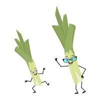 Cute green leek character with glasses and grandchild dancing with happy emotion, smile eyes, arms and legs. Healthy vegetable with expression and posture, rich in vitamins. Vector flat illustration