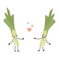 Cute green leek character with love emotions, smile face, arms and legs. Healthy vegetable with funny expression and posture, rich in vitamins. Vector flat illustration