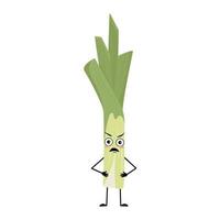 Cute green leek character with angry emotions, grumpy face, furious eyes, arms and legs. Healthy vegetable with irritated expression and posture, rich in vitamins. Vector flat illustration