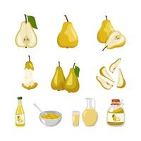 Yellow pear icons set. Whole fruits and halves with seeds and leaves, stub, pear juice in bottle, jug and glass, jam in jar and pieces in bowl. Sweet food for diet. Vector flat illustration