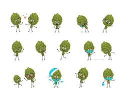 Artichoke character with happy or sad emotions, panic, loving or brave face, hands and legs. Cheerful green vegetable, exotic person with mask, glasses or hat. Vector flat illustration