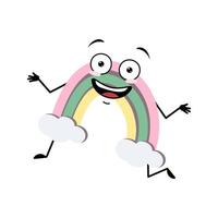 Cute rainbow character with crazy happy emotion, joyful face, smile eyes, dancing arms and legs. Person with funny expression and pose. Vector flat illustration