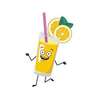 Orange smoothie with fruit and straw character  with crazy joyful emotions, happy face, eyes, dancing arms and legs. Healthy vitamin drink in glass funny expression and pose. Vector flat illustration
