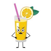 Orange smoothie with fruit and straw character with angry emotions, grumpy face, furious eyes, arms and legs. Healthy vitamin drink in glass irritated expression and pose. Vector flat illustration