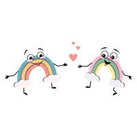 Cute rainbow character with love emotions, smile face, arms and legs. Person with funny expression and pose. Vector flat illustration