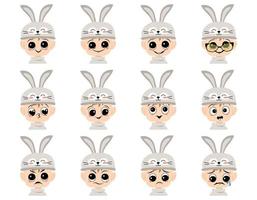 Set of boy avatar with big eyes and wide smile and different emotions in rabbit hat. Head of child with joyful face for holiday Easter, carnival costume for party. Vector flat illustration