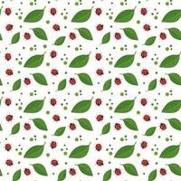Seamless pattern with red ladybug and green leaves on background. Print of spring decoration. Vector flat illustration