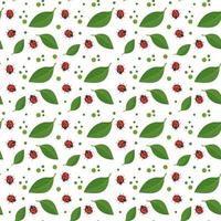 Seamless pattern with red ladybug and green leaves on background. Print of spring decoration. Vector flat illustration