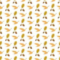 Seamless autumn pattern with acorns, oak leaves and ears of wheat on white background. Bright autumn harvest print for textiles and design. Vector flat illustration