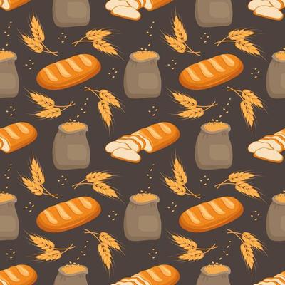 Seamless pattern with bread, grain sack and ears of wheat on dark background. Bright food print for textiles and design. Vector flat illustration