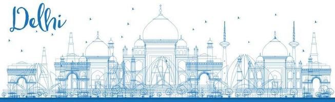 Outline Delhi skyline with blue landmarks. vector