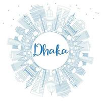 Outline Dhaka Skyline with Blue Buildings and Copy Space. vector