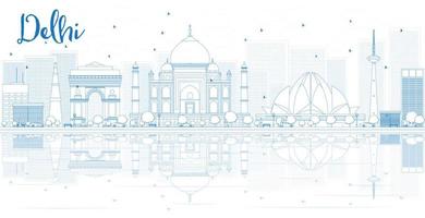 Outline Delhi skyline with blue buildings and reflections. vector