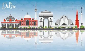 Delhi Skyline with Gray Buildings, Blue Sky and Reflections. vector