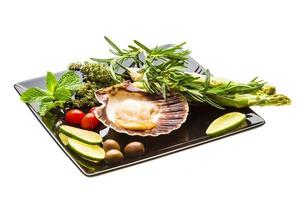 Scallop with asparagus, lime, mint and rosemary photo