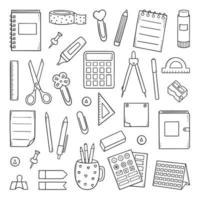 Hand drawn set of School and office stationery doodle.  Education supplies. Pen, pencil, notebook, marker, calculator, stickers in sketch style.  Vector illustration isolated on white background