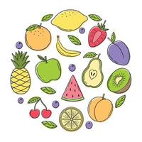 Hand drawn set of summer tropical fruits doodle.  Vegetarian food in sketch style.  Vector illustration isolated on white background.