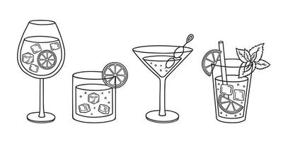 Hand drawn set of Tropical exotic cocktails doodle.  Summer Alcoholic Drinks in sketch style.  Vector illustration isolated on white background.