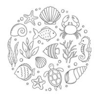 Set of sea life doodle. Underwater elements. Shells, fish, corals and seaweed in sketch style. Hand drawn vector illustration isolated on white background.