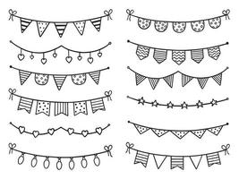 Hand drawn set of party bunting flags doodle.  Birthday garland in sketch style.  Vector illustration isolated on white background.