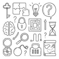 Hand drawn set of quest doodle. Riddles, puzzles and quizzes. Compass, map, lock, key, maze and hourglass in sketch style. Vector illustration isolated on white background