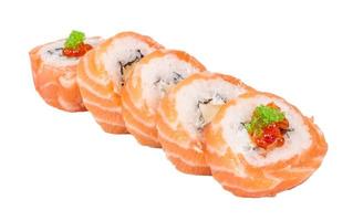 Japanese sushi traditional japanese food.Roll made of salmon, red cavair, roe and cream photo