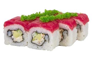 Maki Sushi - Roll made of Crab, avocado, cucumber inside. Fresh Tuna and tobico roe outside photo