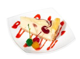 Closeup of a slice of cherry cheesecake on a white background photo