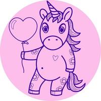 Cute unicorn with balloon, contour drawing, vector on pink background