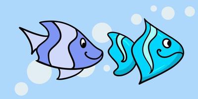 Tropical blue fish with stripes, vector cartoon illustration on a light background