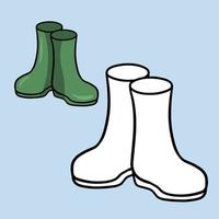 A set of color and monochrome images. Green rubber gardening boots, work clothes, vector cartoon illustration