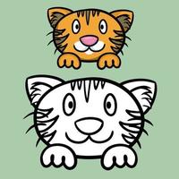 un conjunto de dibujos a color y bocetos, un libro para colorear. lindo gatito naranja de dibujos animados a rayas se ve y sonríe, cara de gato con patas, ilustración vectorial sobre fondo verde vector