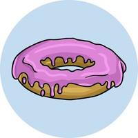 Round delicious donut poured with pink fruit glaze, vector cartoon illustration on a round light background