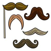 A set of color vector monochrome illustrations. Funny Cartoon Mustache for Parties and Practical Jokes, Mustache on a stick, Fake Funny mustache