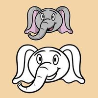 A set of color and monochrome illustrations for coloring books. Cute little elephant smiles, cartoon elephant emotions, vector illustration on beige background