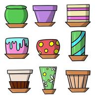 Set of colored ceramic pots for indoor plants, vector cartoon illustration on a white background