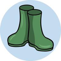 Green rubber boots for gardening, work clothes, vector cartoon illustration on a round light background