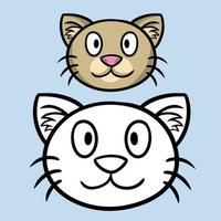 A set of color and sketch pictures, a coloring book. Cute light beige cat, contented feline face with paws, cartoon vector illustration close-up on a blue background